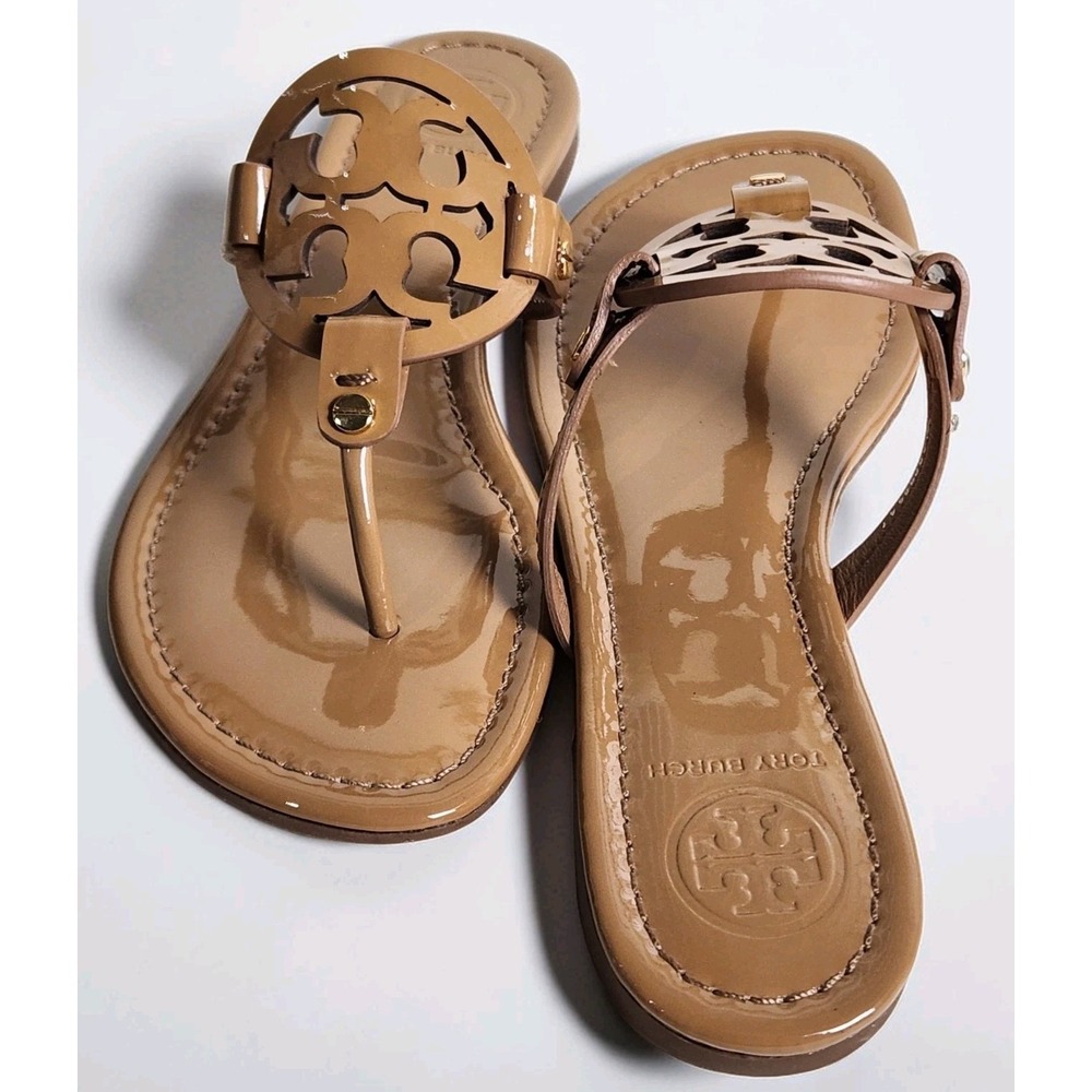 Tory Burch Miller Patent Sandals Women Size 8 Sand Leather Thong New In Box - Picture 3 of 8